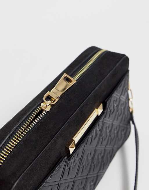 River Island embossed monogram crossbody bag in black