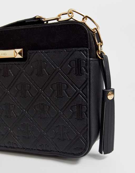 River Island Womens Black Embossed RI Monogram Cross Body Bag