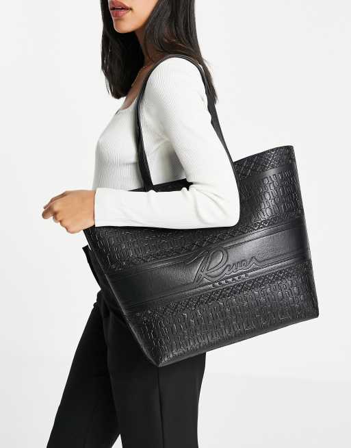 River Island embossed print charm detail shopper bag in black