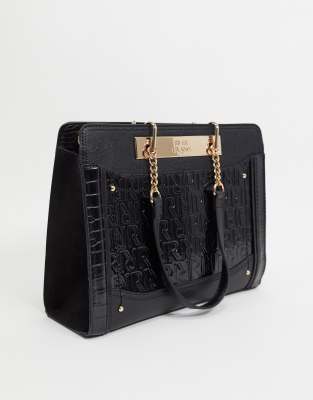 River Island embossed monogram chain handle tote bag in black