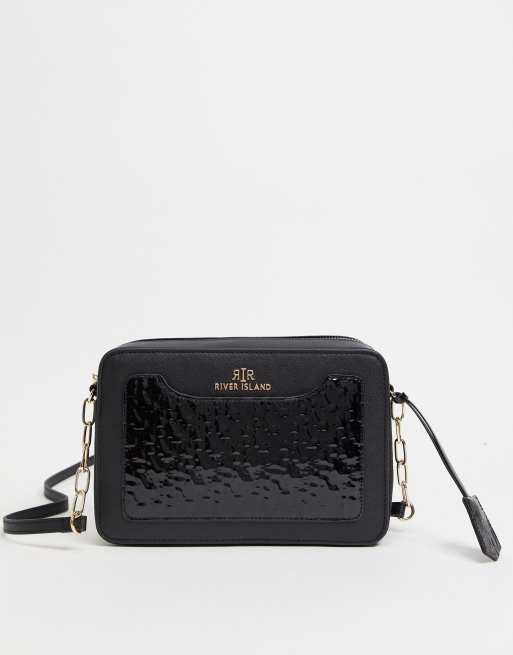 River Island cross body bag with monogram detail in black