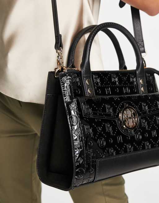 River Island embossed patent monogram tote bag in black