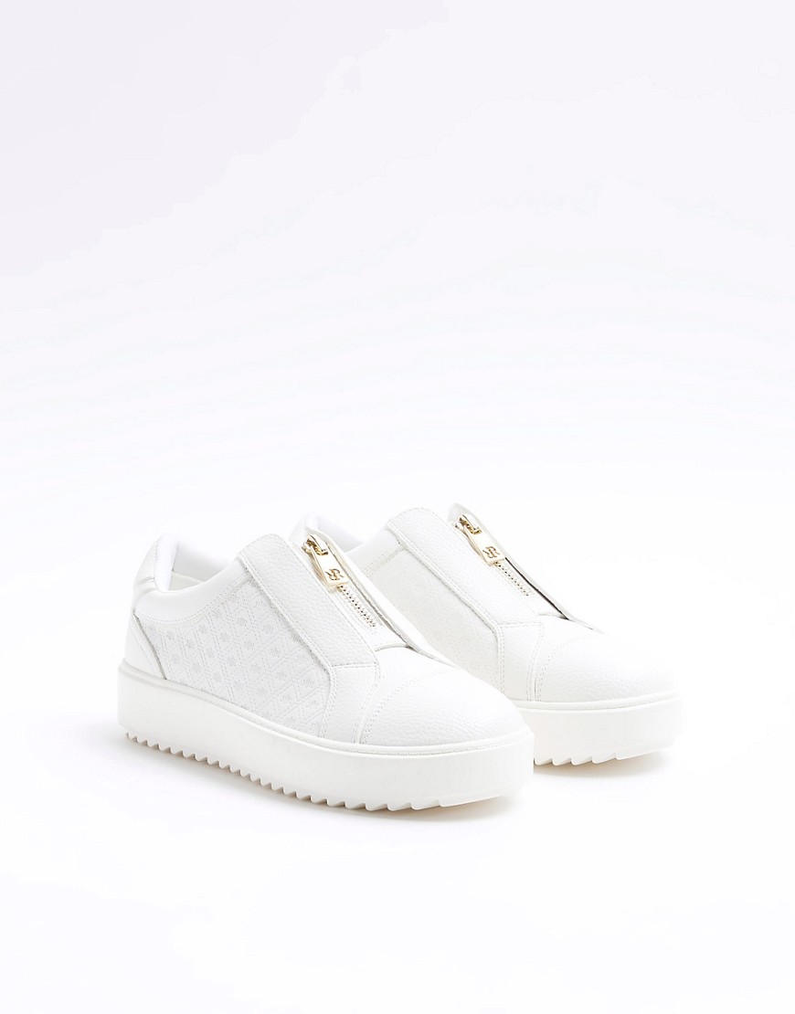 River Island Embossed slip on zip trainers in white