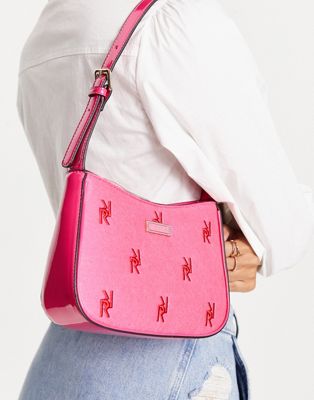 River Island embroidered branded shoulder bag in bright pink and red