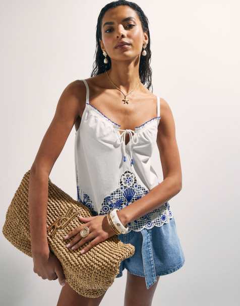 River Island Embroidered cami top in white - view 1