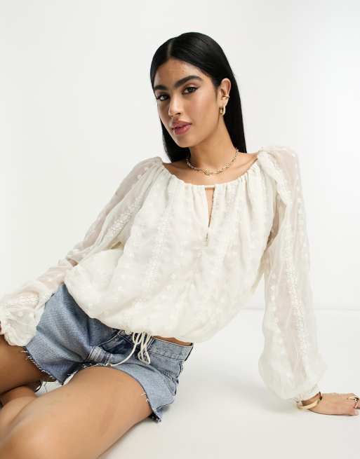 Embroidered White Slim Chiffon Blouse