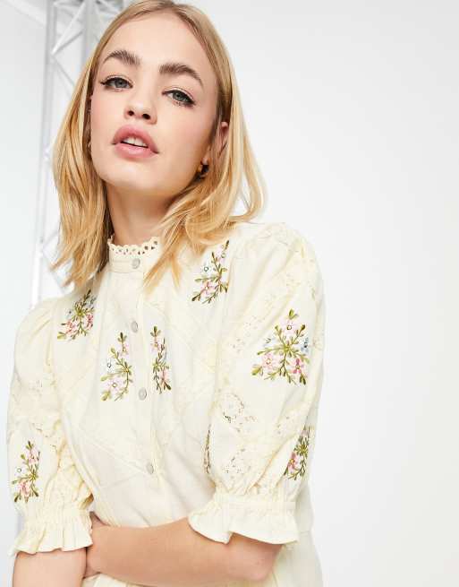 River Island embroidered collarless blouse in beige