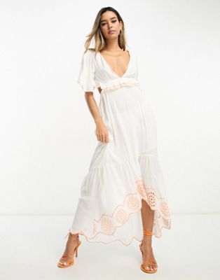 River Island Embroidered Cut Out Maxi Beach Dress In White