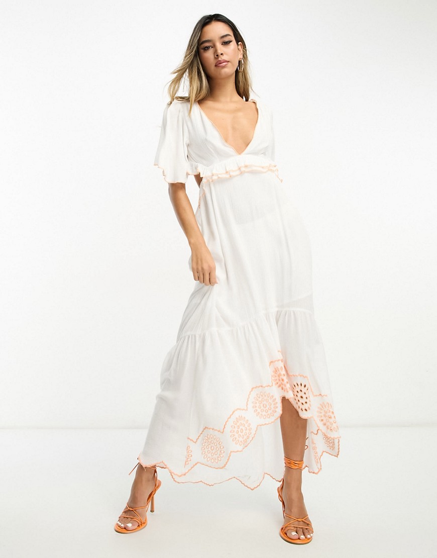 River Island embroidered cut out maxi beach dress in white