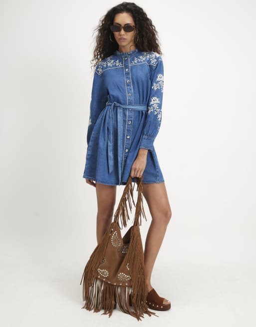 River Island Embroidered denim swing belted dress in denim blue, 3 of 4