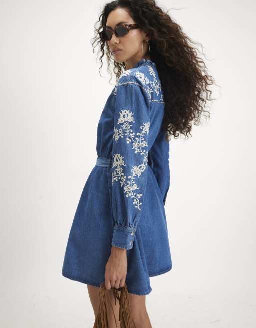 River Island Embroidered denim swing belted dress in denim blue, 4 of 4