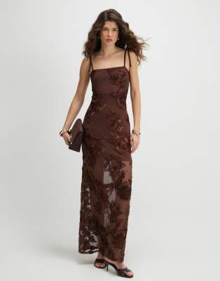 River Island Embroidered Floral Maxi Dress In Brown