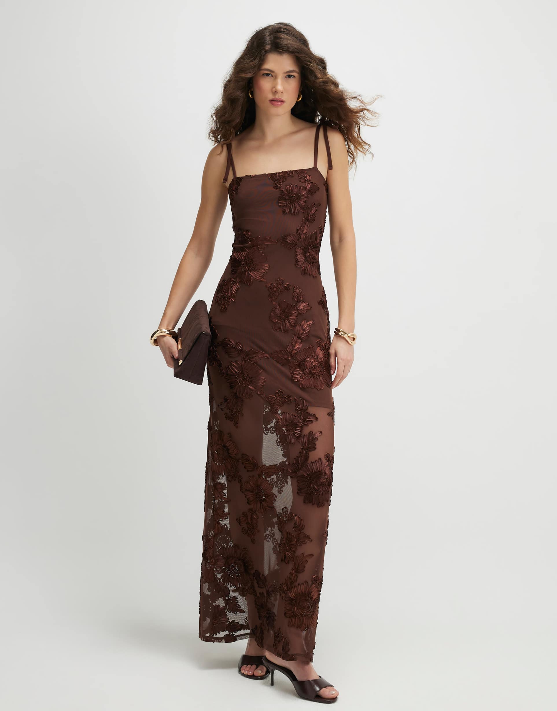 river island embroidered floral maxi dress in dark brown