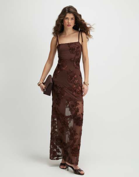 River Island embroidered floral maxi dress in dark brown