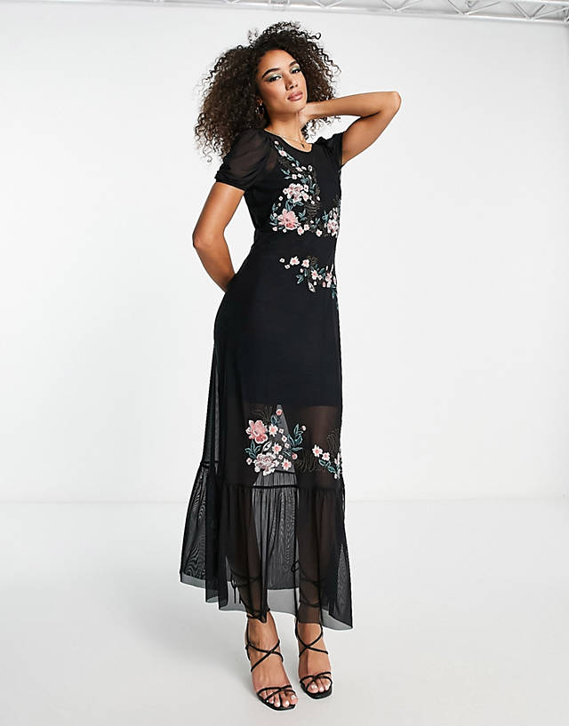 River Island embroidered floral mesh midi dress in black