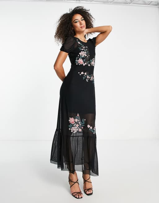 Tiered floral embroidered hot sale mesh midi dress