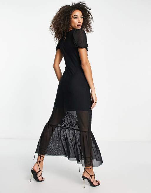 River Island embroidered floral mesh midi dress in black | ASOS
