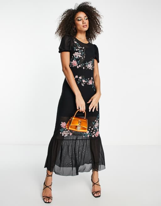 Black mesh hotsell embroidered dress