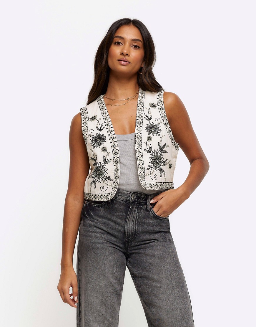 River Island Embroidered floral waistcoat in cream-White