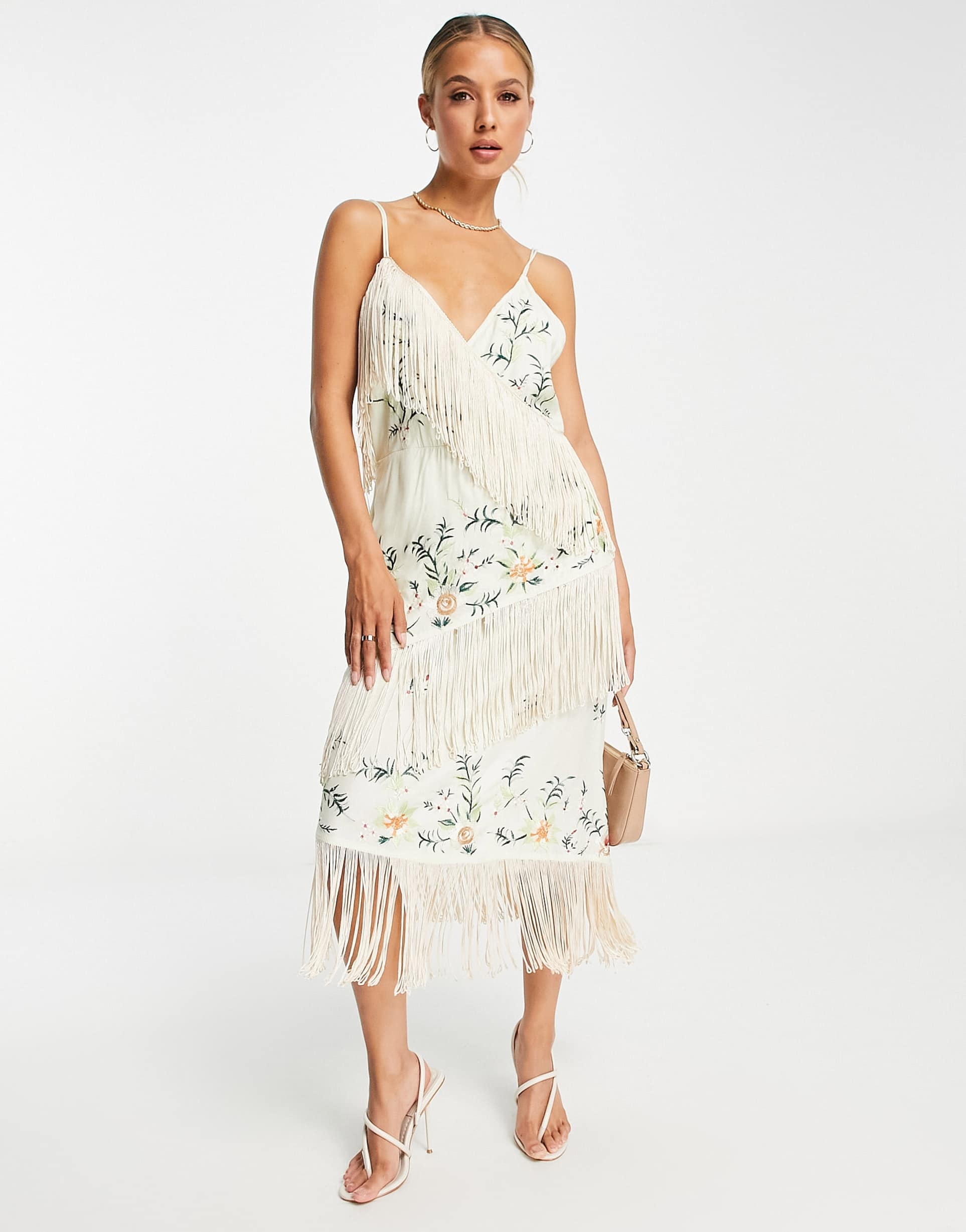 river island embroidered fringe wrap midi dress in cream
