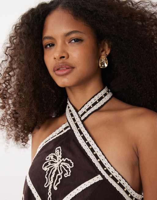 River Island embroidered halter neck mini dress in brown, 2 of 4