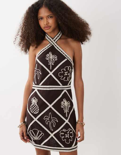 River Island embroidered halter neck mini dress in brown, 3 of 4