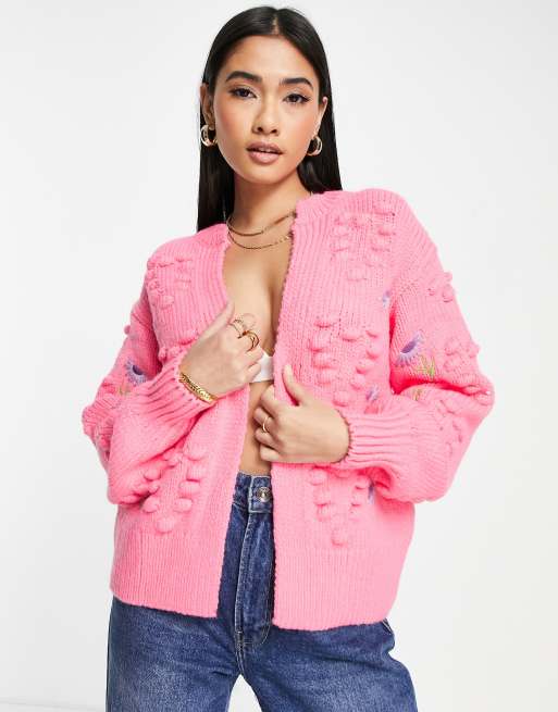 Embroidered Flower Cardigan - Almond Pink Marl