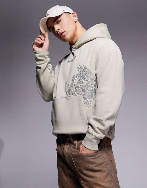 River Island embroidered Japanese dragon hoodie in khaki