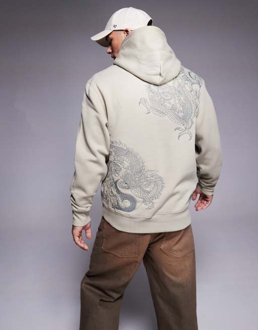 River Island embroidered Japanese dragon hoodie in khaki