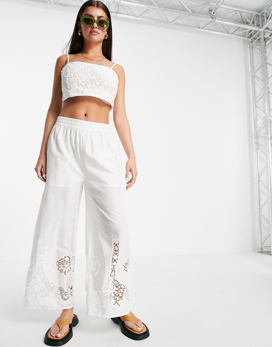 River Island embroidered lace wide leg pants in white - part of a set