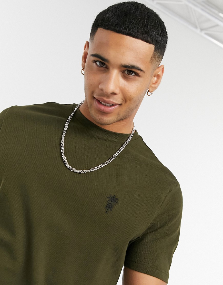 River Island embroidered logo slim fit t-shirt in khaki-Green