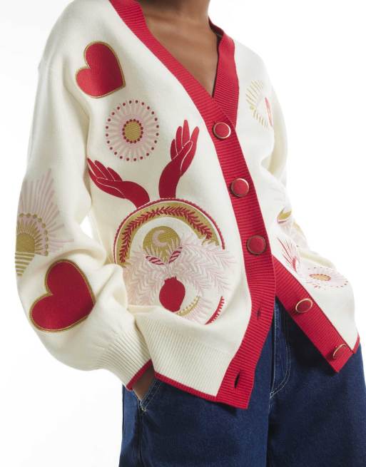 River Island Embroidered quirky cardigan in cream, 2 of 4