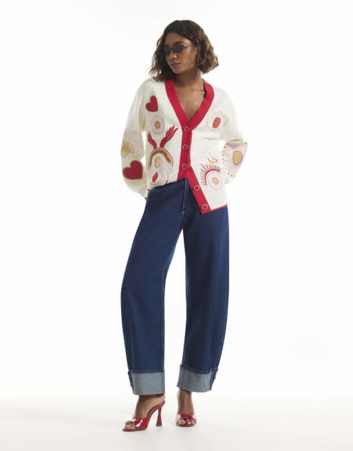 River Island Embroidered quirky cardigan in cream, 3 of 4