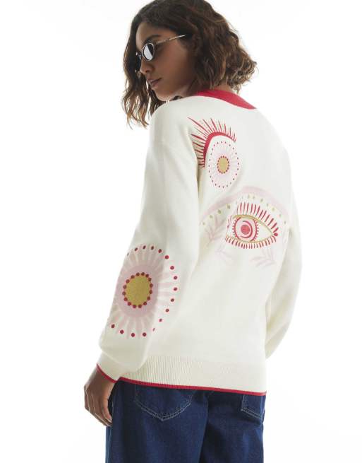 River Island Embroidered quirky cardigan in cream, 4 of 4