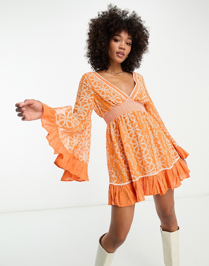 River Island embroidered ruffle hem mini beach dress with floaty sleeves in orange