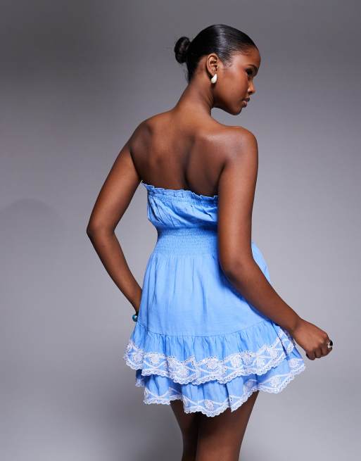 River Island embroidered ruffle playsuit in blue , 3 of 4