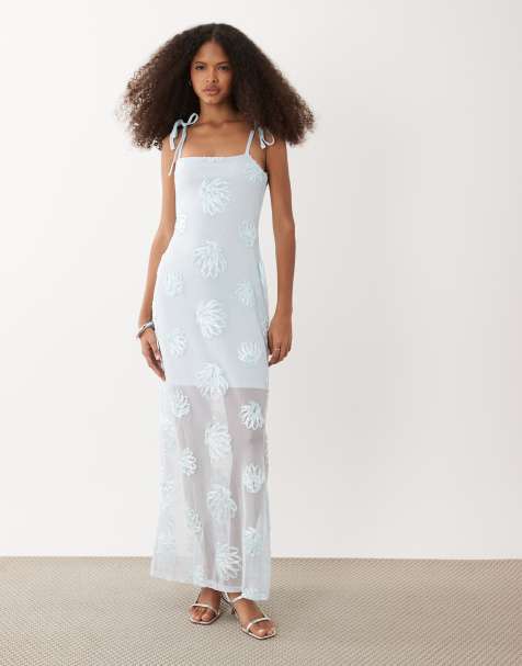 River Island embroidered shell maxi dress in light blue - view 1