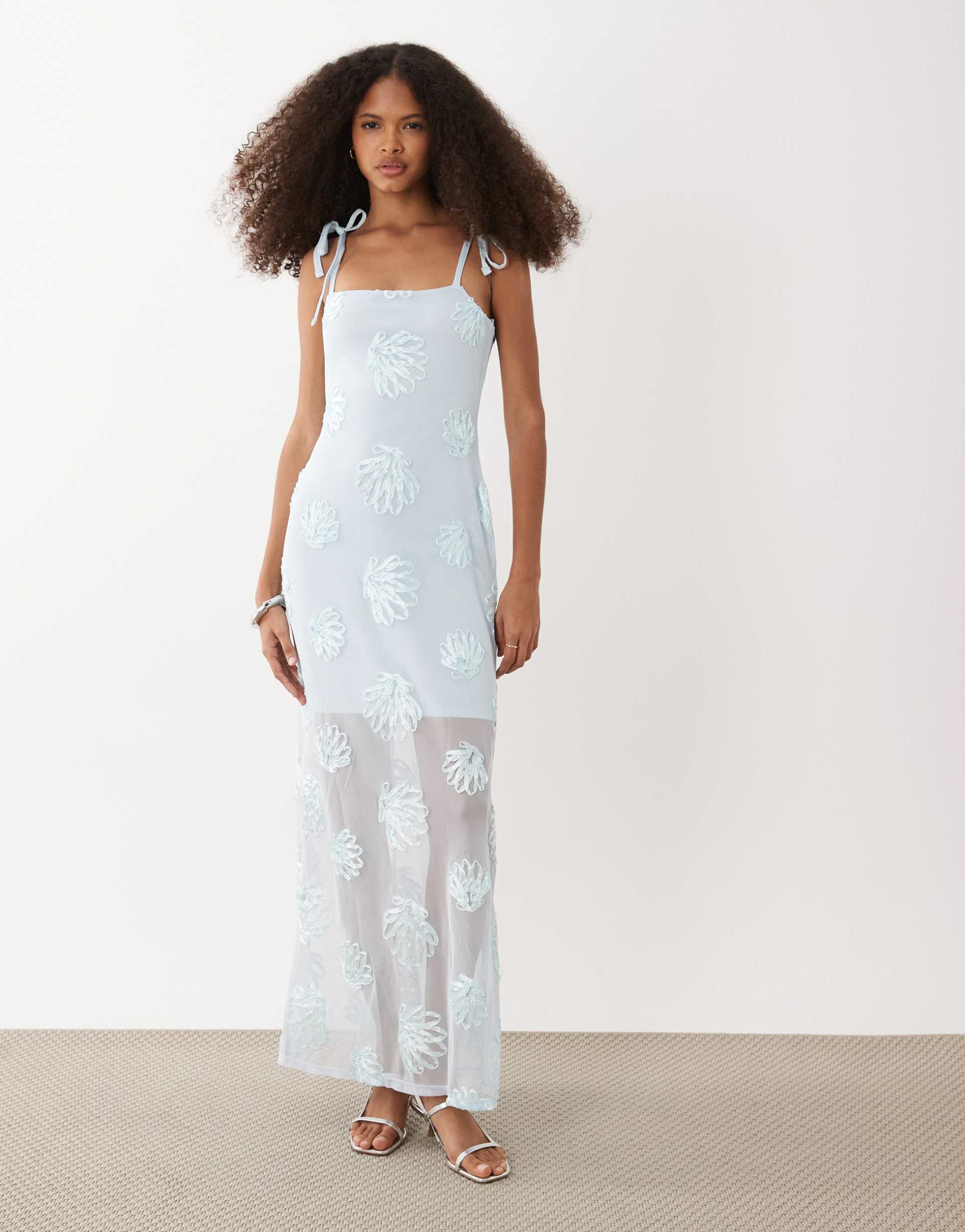 river island embroidered shell maxi dress in light blue
