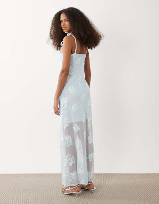 green emerald velvet dress Pale Blue Embroidered Ginkgo Leaf Sallie Midi Dress main image 0