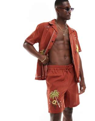 River Island embroidered shorts in rust (part of a set)