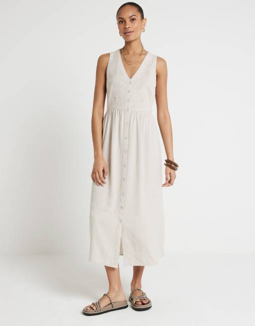 River Island Embroidered skater midi dress in beige