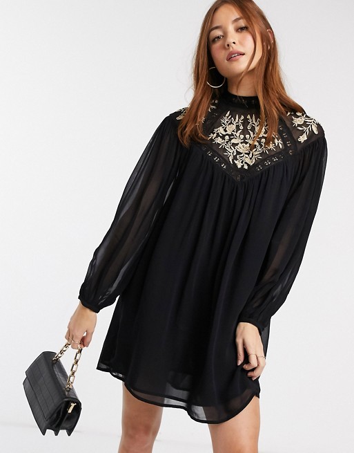 River Island embroidered smock dress in black