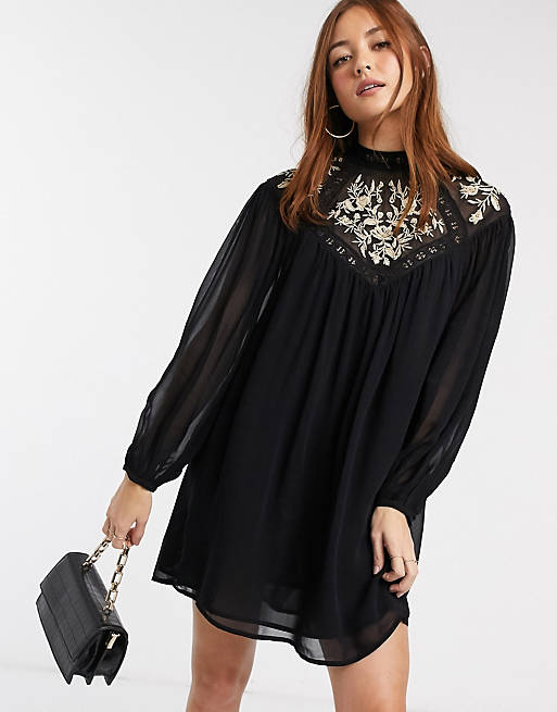 River Island embroidered smock dress in black | ASOS