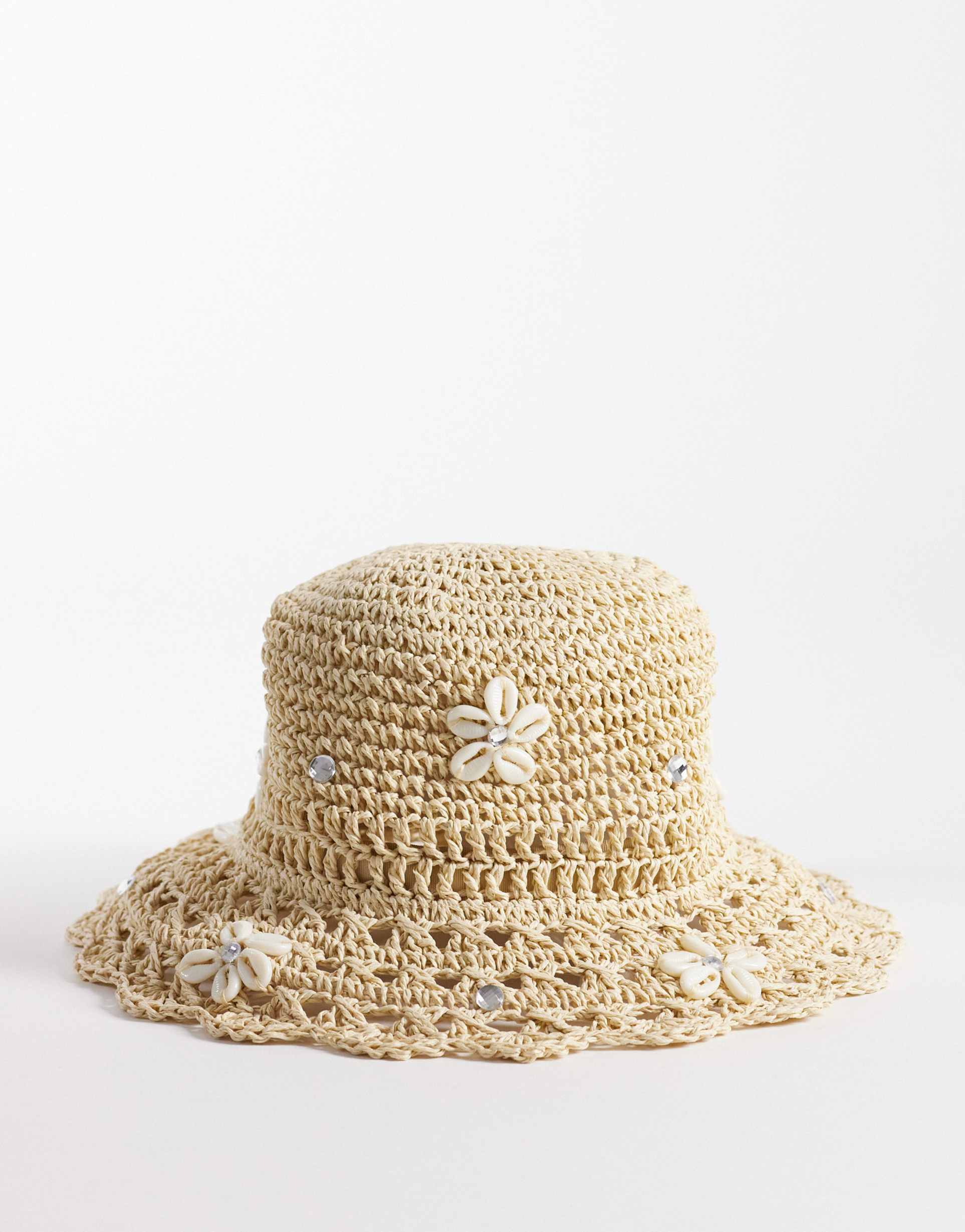 river island embroidered straw bucket hat with faux shell trim in beige