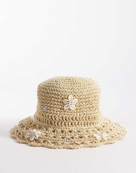 River Island embroidered straw bucket hat with shell trim in beige