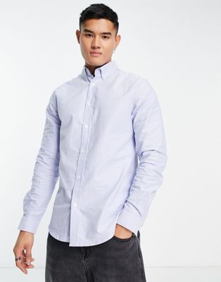 River Island embroidered stretch oxford shirt in blue - ASOS Price Checker