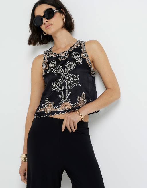 River Island Embroidered tank top in black