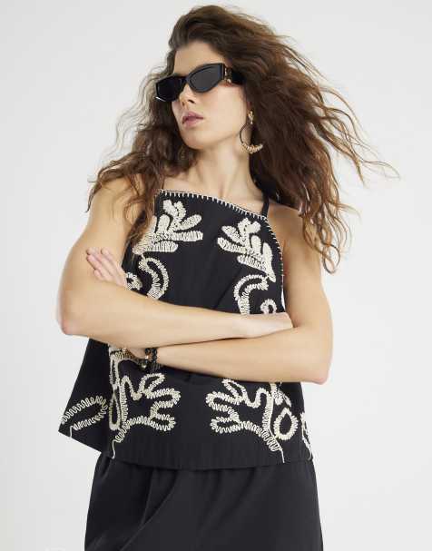 River Island Embroidered tank top in black