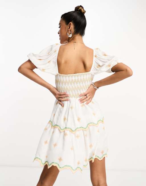 River Island embroidered tiered mini beach dress in white | ASOS