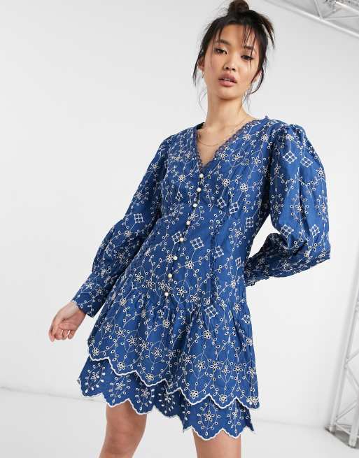 River Island embroidered volume sleeve mini shirt dress in navy | ASOS